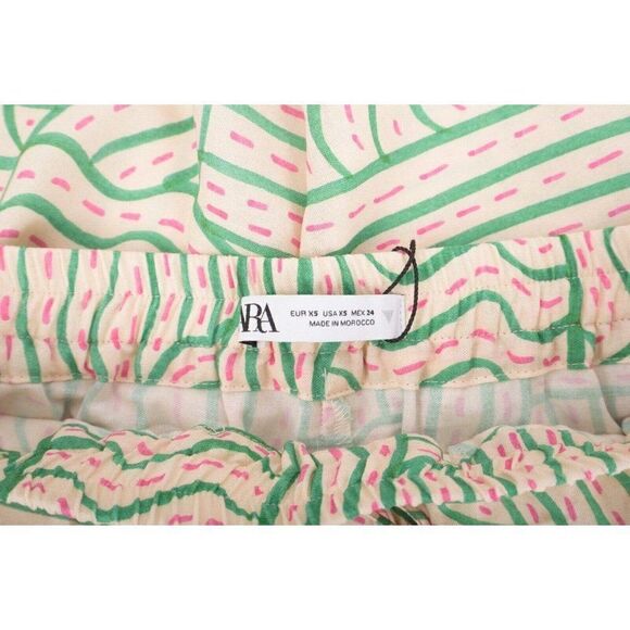 Zara Womens Pajama Pants Linen Blend XS Ecru Pink Green Printed 7972/617 NWT - Picture 7 of 8
